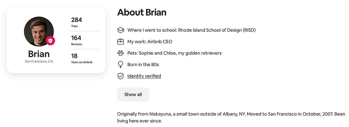 Compact Airbnb profile for user Brian Chesky — San Francisco location, stats (284 trips, 164 reviews, 18 years on Airbnb), and brief bio details plus a ‘Show all’ button.