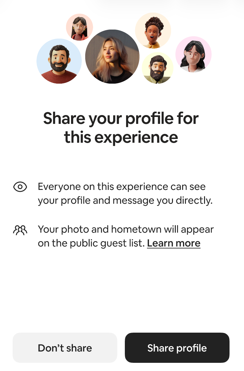 Mobile screen showing six avatar circles, the heading “Share your profile for this experience,” two bullet-point visibility notes, and action buttons labeled “Don’t share” and “Share profile.