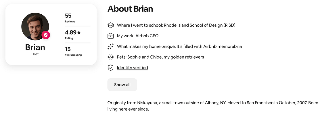 Brian Chesky Host Profile card, showing 55 reviews, 4.89-star rating, 15 years hosting, plus brief bio details and a “Show all” button.