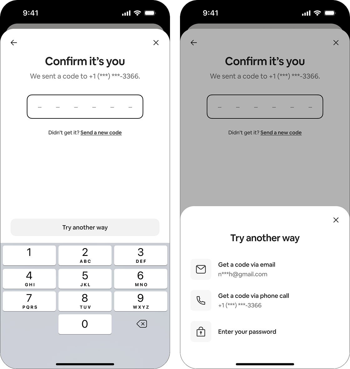 Two mobile screens showing an SMS verification flow: the left screen displays a ‘Confirm it’s you’ prompt with a 6-digit code entry field, a numeric keypad, and a ‘Try another way’ button; the right screen shows a bottom sheet modal titled ‘Try another way’ with alternative verification options — get a code via email, get a code via phone call, or enter your password.