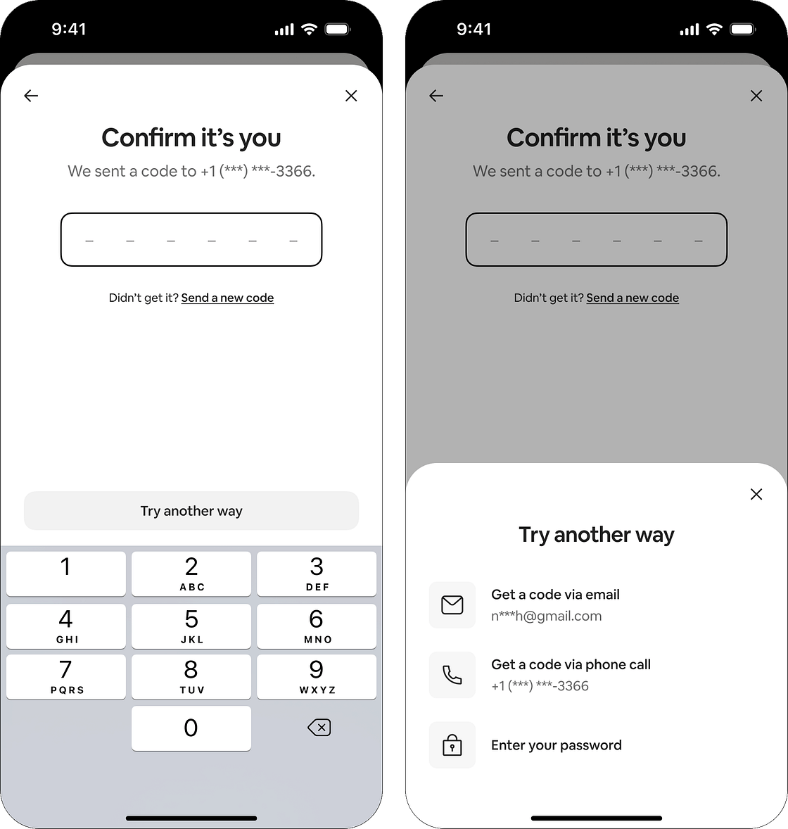 Two mobile screens showing an SMS verification flow: the left screen displays a ‘Confirm it’s you’ prompt with a 6-digit code entry field, a numeric keypad, and a ‘Try another way’ button; the right screen shows a bottom sheet modal titled ‘Try another way’ with alternative verification options — get a code via email, get a code via phone call, or enter your password.